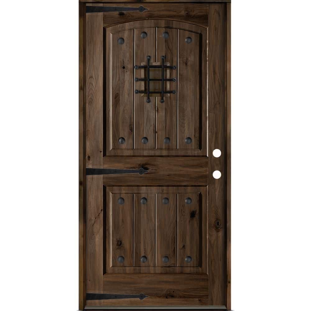 Mediterranean 32 in. x 80 in. Knotty Alder Left-Hand/Inswing Arch Top BEHR True Black Stain Wood Prehung Front Door price history on PriceWatchPro