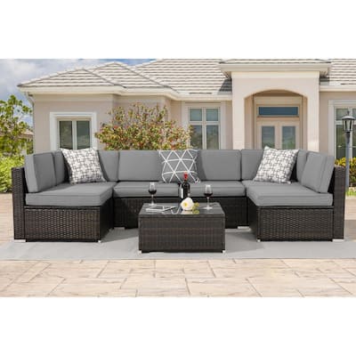 Brown 7-Piece Rattan Wicker Outdoor Patio Sectional Sofa Set with Thick Gary Cushions and Tempered Glass Table