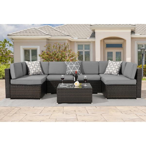 Sonkuki Brown 7-Piece Rattan Wicker Outdoor Patio Sectional Sofa Set with Thick Gary Cushions and Tempered Glass Table