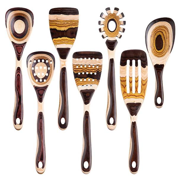 7-Piece Brown Pakkawood Utensils Set, Wooden Eco-Friendly Cooking Spoons, Sturdy Cooking Utensils