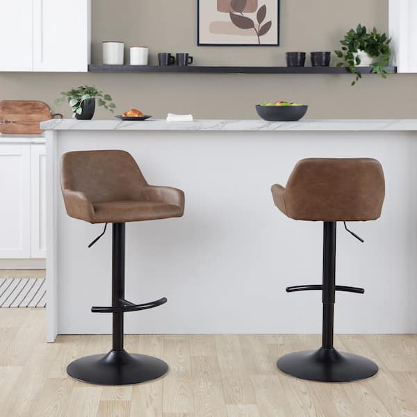 LumiSource Daniella 32.25 in. Espresso Faux Leather and Black Metal Adjustable Bar Stool with Rounded T Footrest (Set of 2)