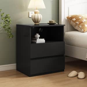 Black 2-Drawer Nightstand, End Table with Charging Station, Sofa Side Table for Living Room, Bedroom, Office (Set of 2)