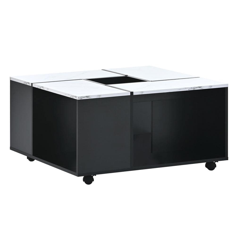 Marble/Black 31.4 in. Modern Square Particle Board Coffee Table with Caster