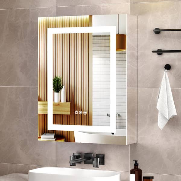 WOODSAM 20 in. W x 26 in H Rectangular Aluminum Recessed/Surface Mount Left Bathroom Medicine Cabinet with Mirror and LED Light
