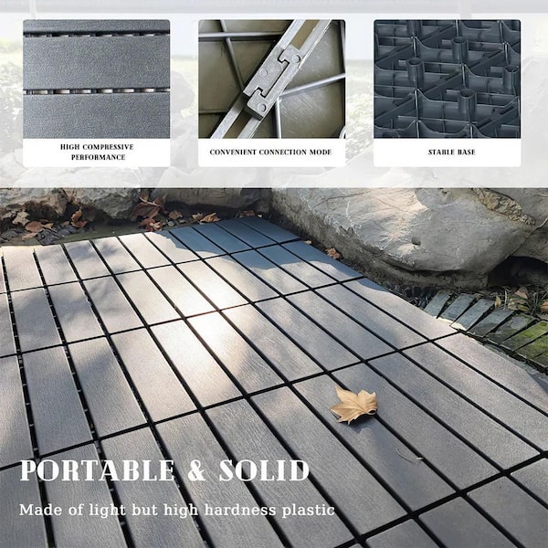 12 in.W x 12 in. L Outdoor Striped Pattern Square Plastic PVC Interlocking Flooring Deck Tiles (Pack of 44 Tiles)in Gray