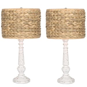 24.6 in. Resin Poly White Table Lamp Set with Yellow Weaved Shade and Cable (Set of 2)