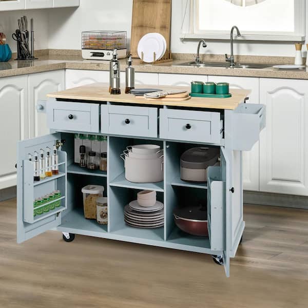 Nestfair Gray Blue Wood 53 in. W Kitchen Island with Spice Rack