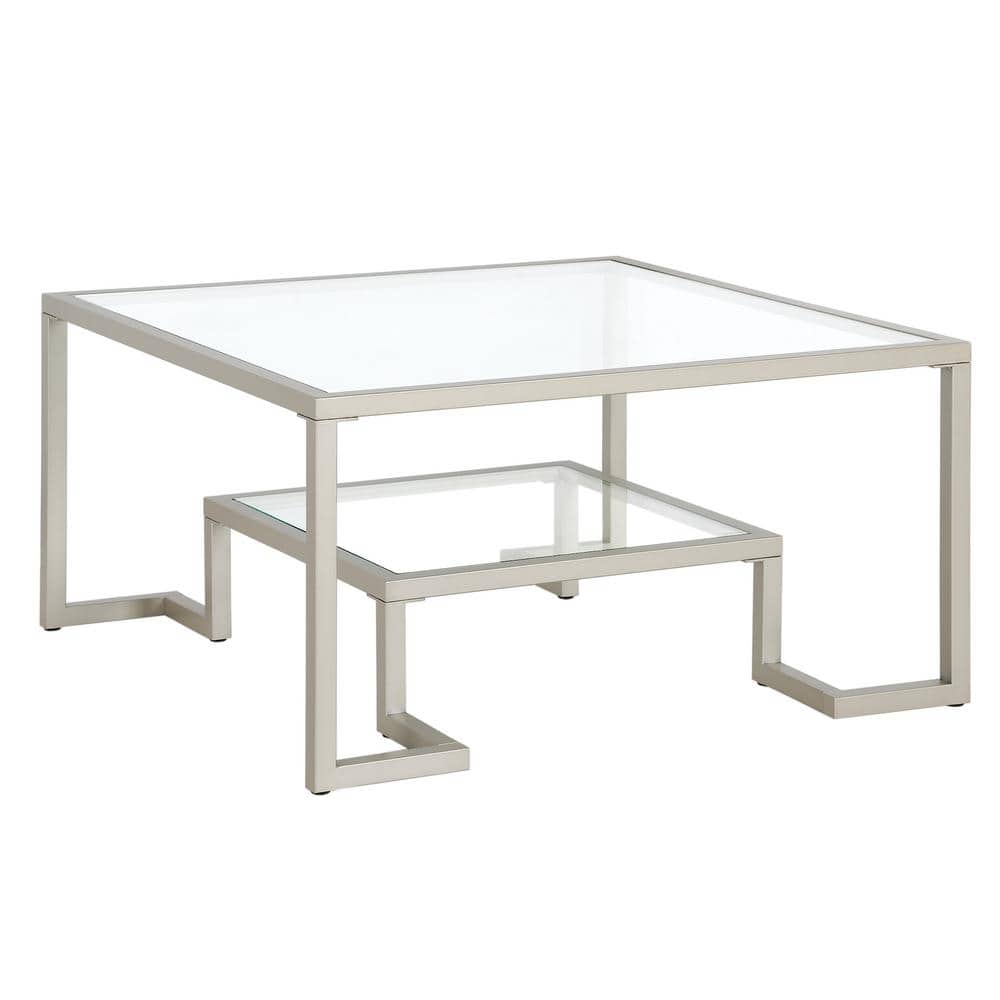 Athena 32" Satin Nickel Square Metal Coffee Table with Glass Shelves