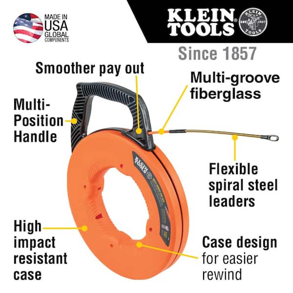 Multi-Groove Fiberglass 100 ft. Fish Tape with Spiral Steel Leader and Folding Jab Saw Tool Set