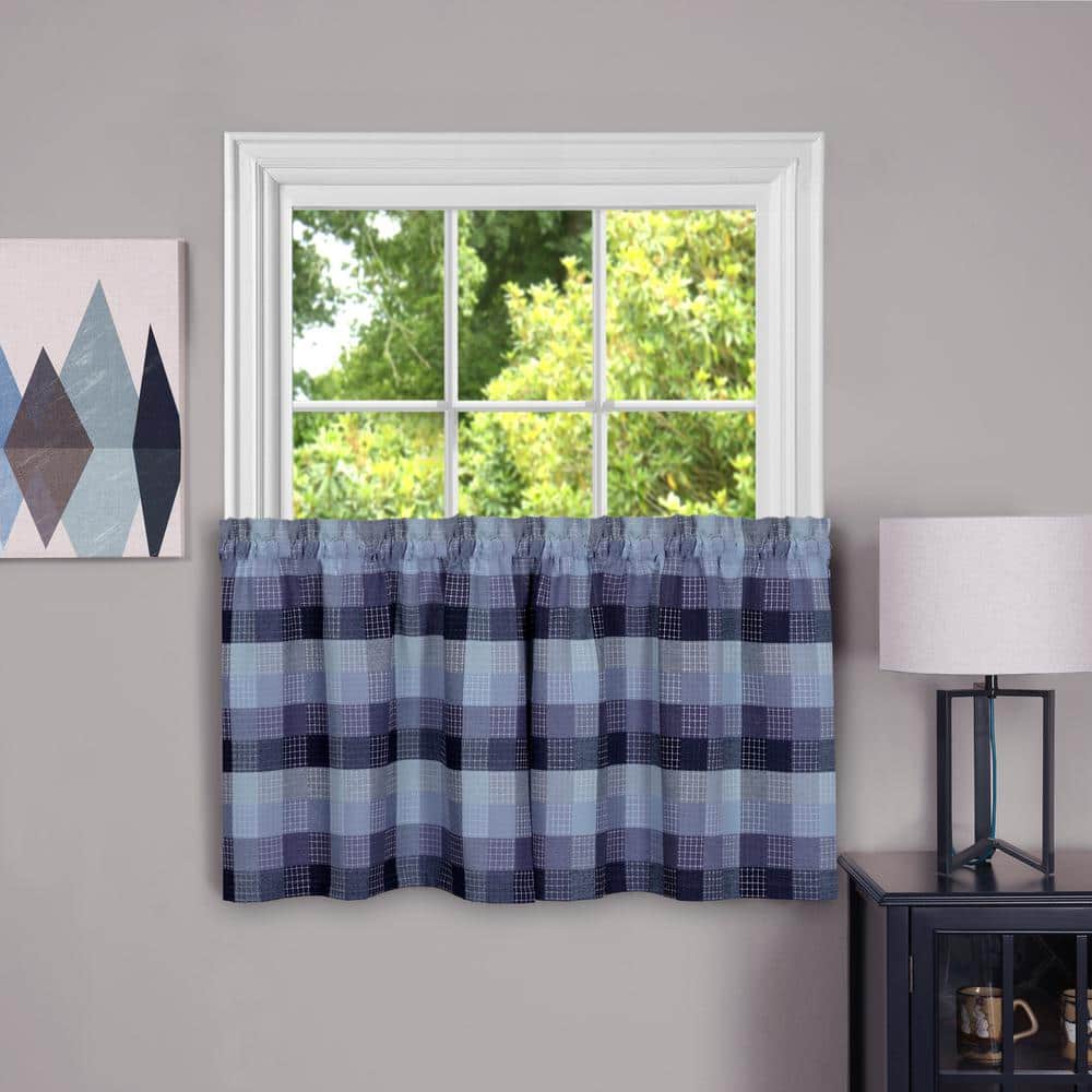 Blue Plaid Light-Filtering Cotton Polyester Window Curtain Tier Pair