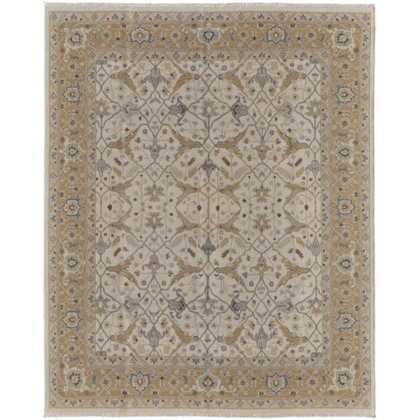 6 ft. x 9 ft. Ivory Gray and Tan Wool Oriental Hand Knotted With Fringe Area Rug