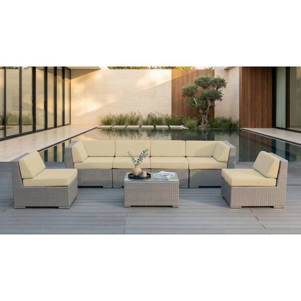 Gray 7-Piece Wicker Patio Seating Set with Sunbrella Antique Beige Cushions