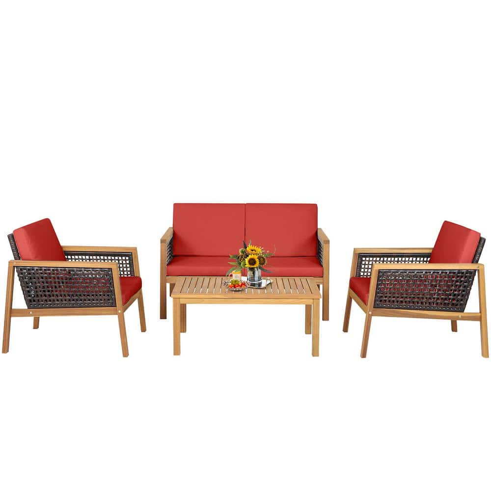 Gymax 4Piece Patio Acacia Wood Furniture Set PE Rattan Conversation
