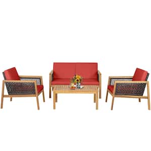 4-Piece Patio Acacia Wood Furniture Set PE Rattan Conversation Set with Red Cushions