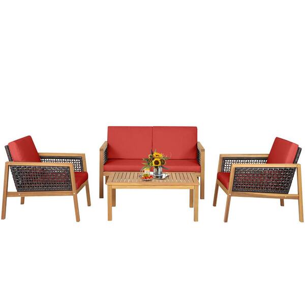 Gymax 4-Piece Patio Acacia Wood Furniture Set PE Rattan Conversation Set with Red Cushions