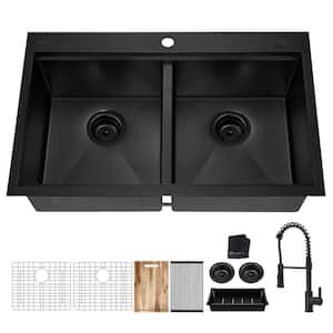 33 in. Drop-In Double Bowl 18 Gauge Black Stainless Steel Workstation Kitchen Sink with Black Spring Neck Faucet