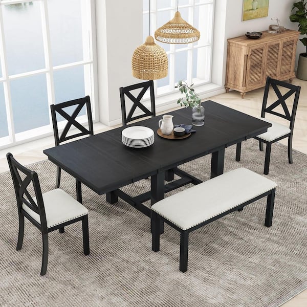 Harper & Bright Designs Black 6-Piece Extendable Dining Table with Footrest, 4 Linen Upholstered Chairs and One Bench, Two 11"Removable Leaves