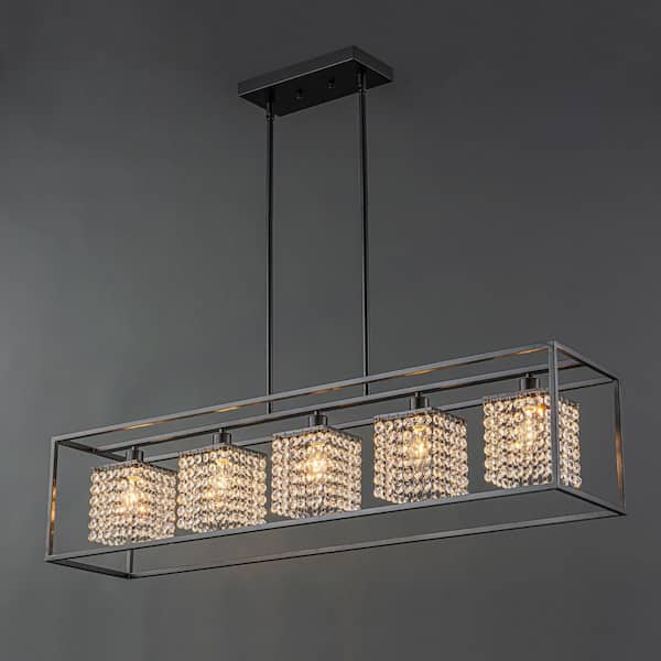 Mariesa 5-Light Matte Black Contemporary Glam Rectangular Crystal Island Chandelier