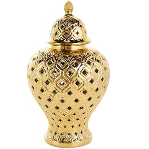Gold Ceramic Decorative Jars with Geometric Cutout Design and Lid