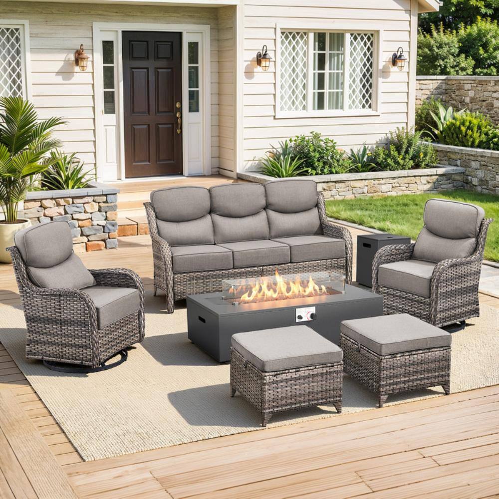 NovaSwivel 7-Piece Gray Wicker Patio Conversation Set, Swivel Chair with Fire Pit Table and Tank Holder Gray Cushions price history on PriceWatchPro