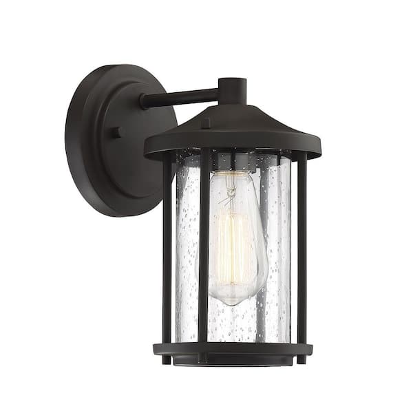 Savoy House 6 in. W x 10.5 in. H 1-Light Oil Rubbed Bronze Hardwired Outdoor Wall Lantern Sconce with Clear Seeded Glass Shade