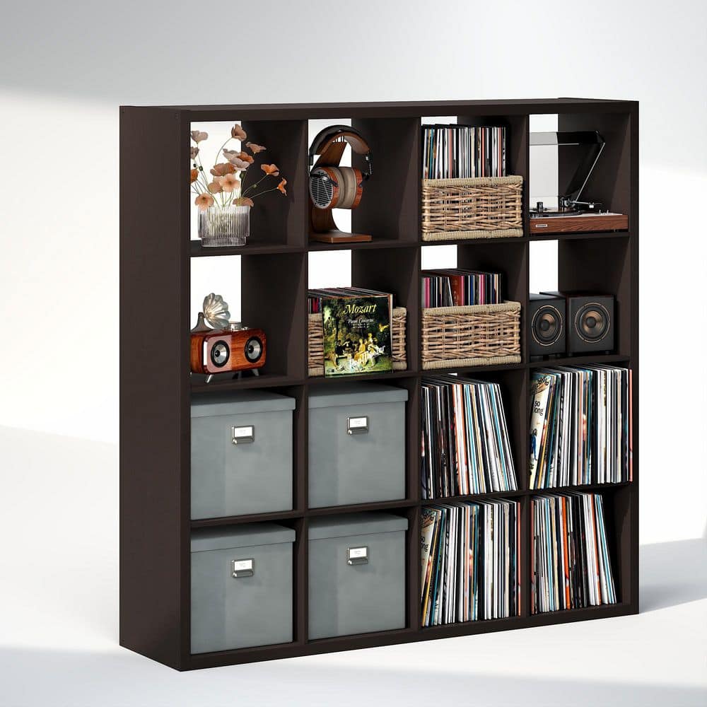 CUBICLE Black Dark Oak 16-Cube Media Storage Shelf