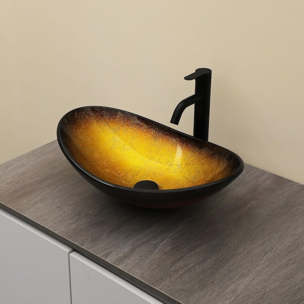 21-1/2 in. Gold Ingot Glass Oval Vessel Bathroom Sink with Black Pop-up Drain