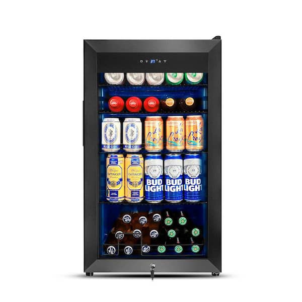 18.89 in.Black Single Zone Freestanding 130-Cans Stainless Steel Beverage Cooler with Low-E Glass Door, Safety Lock