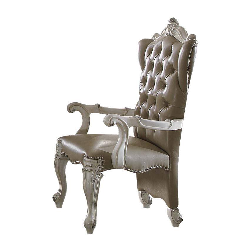 Vintage Gray Faux Leather & Bone White Wood Accent Chair