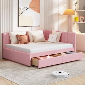Pink Full Size Upholstered Wood Daybed with Storage Drawers, No Box Spring Needed