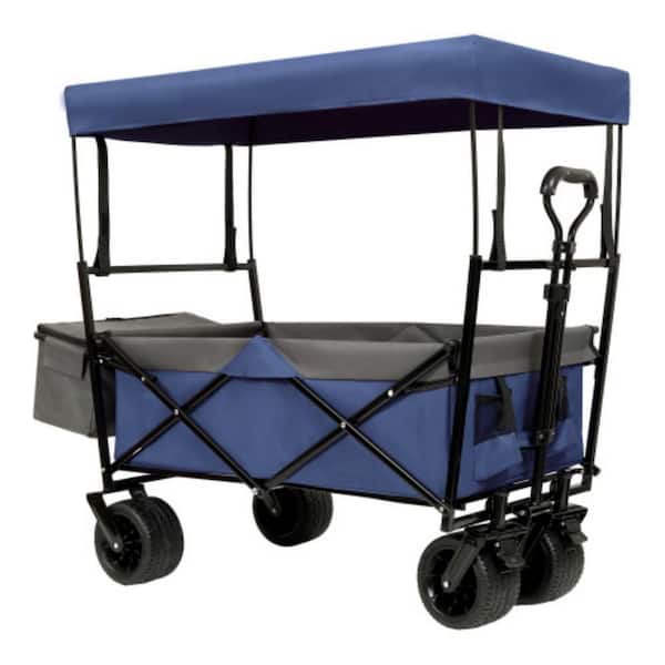 23 cu. ft. Steel Garden Cart, 480lbs Collapsible Wagon with Canopy & Mosquito Net for Camping, Shopping in Dark Blue