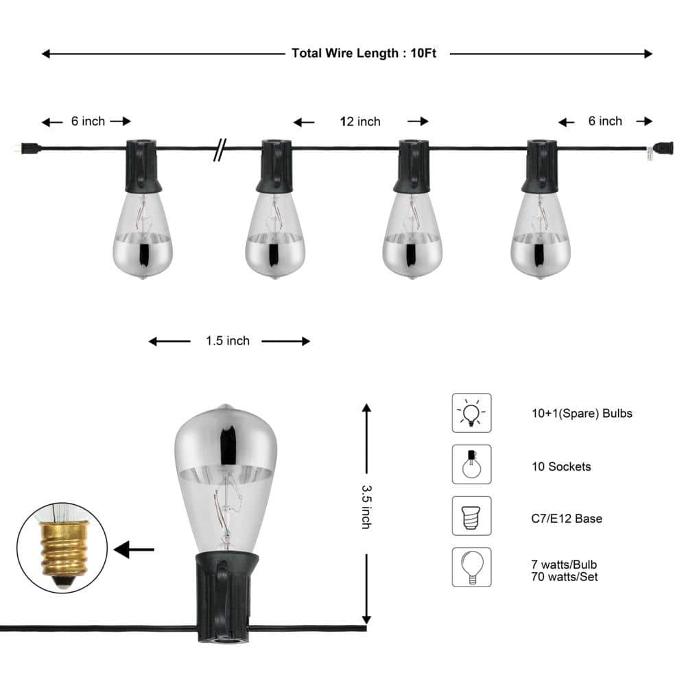 10 ft Black and Chrome Outdoor String Lights with Warm White LED Bulbs