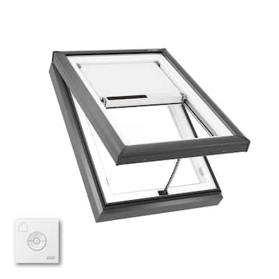 22-1/2 in. x 34-1/2 in. Manual Venting Curb Mount Skylight Laminated Low-E3 Glass, Solar Powered Room Darkening Shade