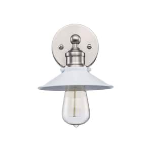 Glenhurst 1-Light White and Brushed Nickel Indoor Industrial Farmhouse Wall Sconce Light Fixture with Metal Shade