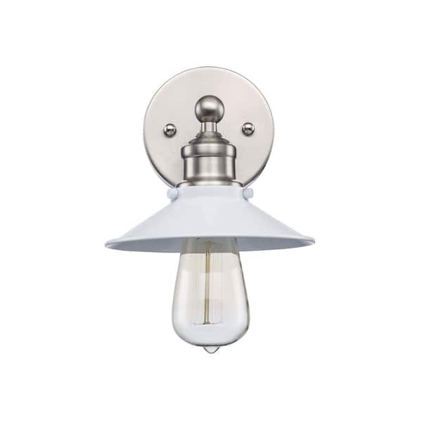 Hampton Bay Glenhurst 1-Light White and Brushed Nickel Industrial Farmhouse Indoor Wall Sconce Light Fixture with Metal Shade