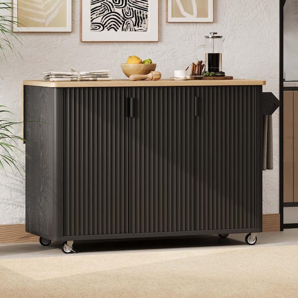 Black Wood 51.3 in. Kitchen Island on Wheels with Internal Storage Rack, Towel Rack Drop Leaf