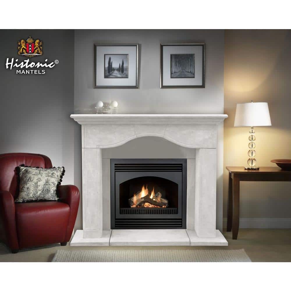 Distressed Ivory Sand Cast Stone Fireplace Surround with Hearth
