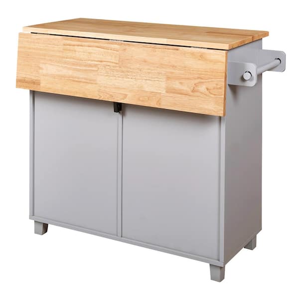 Unbranded Gray Rubber Wood 39 in. W Rolling Kitchen Island on Wheels with Adjustable Shelf Tower Rack Internal Storage Rack
