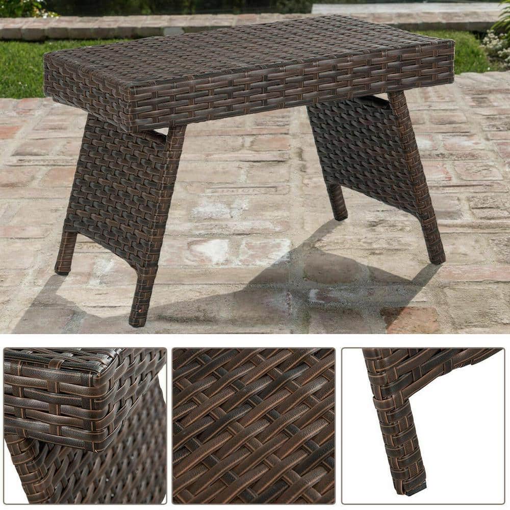 Compact Foldable Brown PE Rattan Side Table with Steel Frame