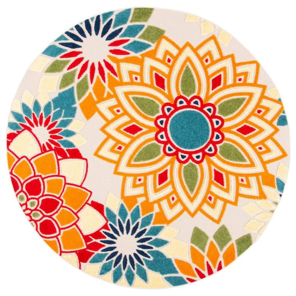 Cabana Ivory/Orange 8 ft. x 8 ft. Round Retro Floral Indoor/Outdoor Area Rug