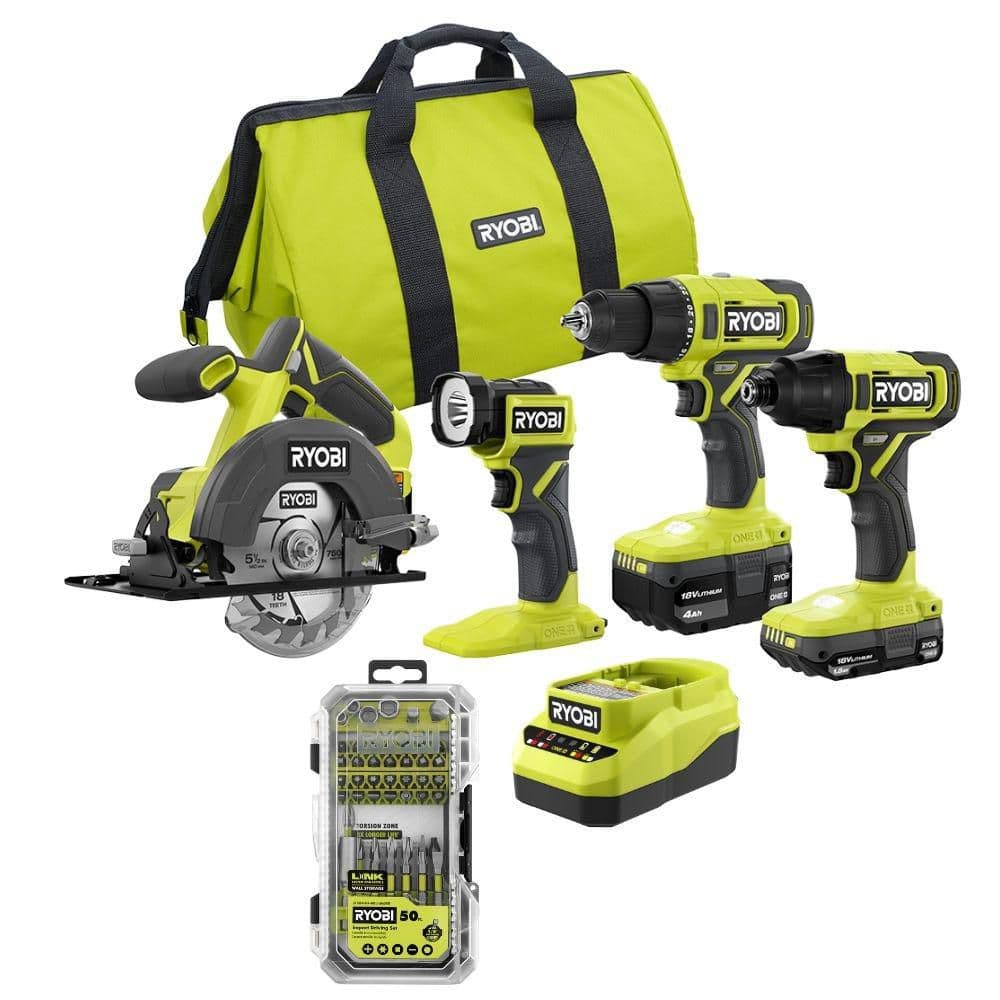 ONE+ 18V Cordless 4-Tool Combo Kit with 1.5 Ah Battery, 4.0 Ah Battery, Charger, and Impact Rated Driving Set (50-Piece) price history on PriceWatchPro