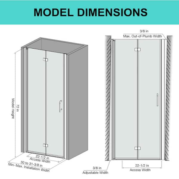30 in. - 31 in. W x 72 in. H Bi-Fold Frameless Shower Door in Brushed Nickel with Clear Glass
