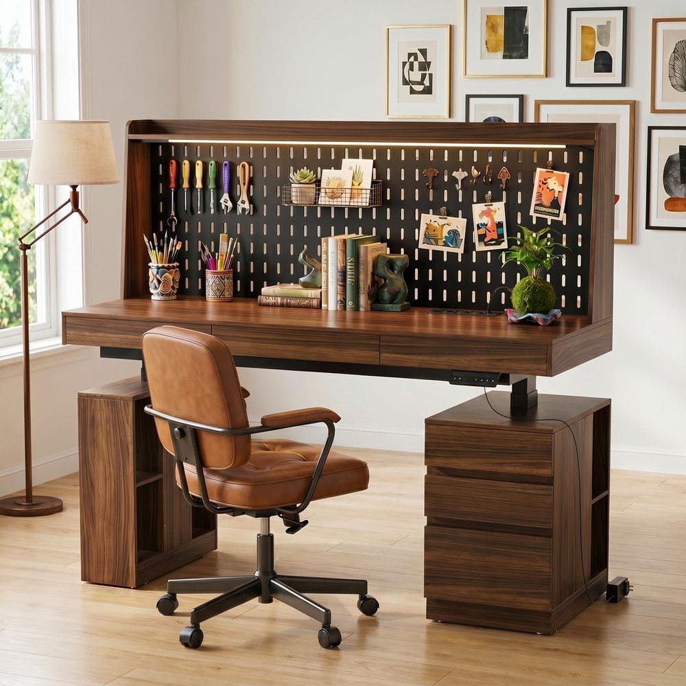 59 in. Rectangular Brown Wood 3-Drawer Writing Desk, Executive Desk with Adjustable Height, Keyboard Tray and Socket