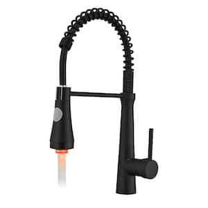 Spring Single Handle Pull Down Sprayer Kitchen Faucet, Single Hole Kitchen Faucet with LED Light in Matte Black