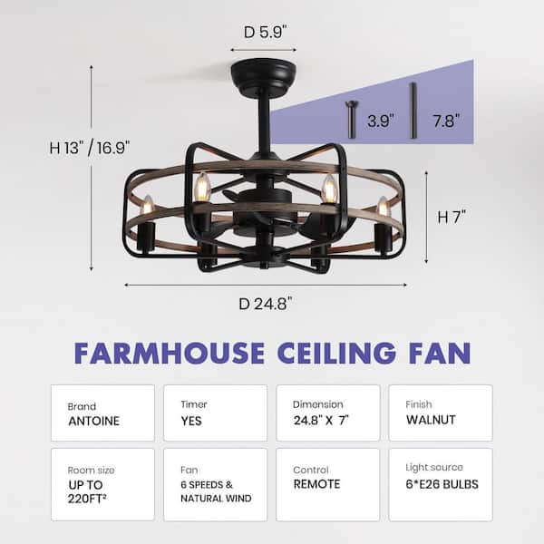 25 in. Indoor Black Farmhouse Ceiling Fan with Light and Remote Control, Rustic Downrod Mount Fandelier Ceiling Fan