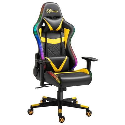 Black/Yellow Video Game Chair with RGB LED Lights, Adjustable Height, Recline and Armrests for Office