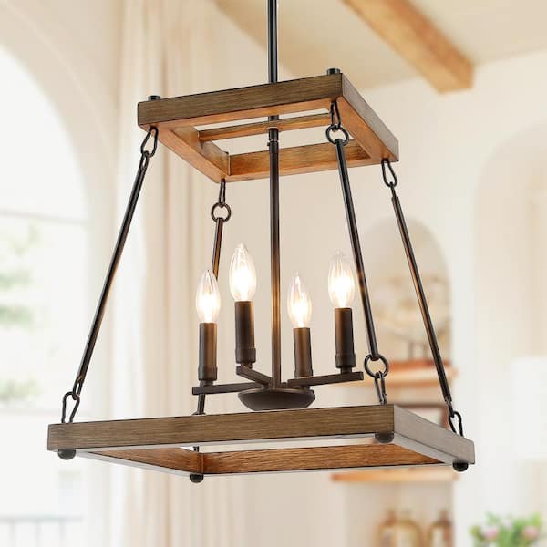 Eniso Industrial Black Candlestick Chandelier with Open Cage Shade Farmhouse Island Chandelier with Faux Wood Grain