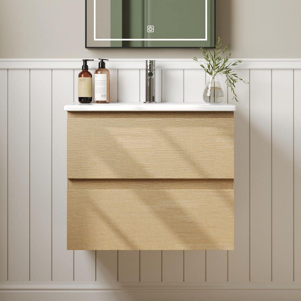 24 in. Floating Single Sink Wall Hung Natural Oak Bath Vanity with White Ceramic Top and Soft-Close Drawer (Assembled) price history on PriceWatchPro