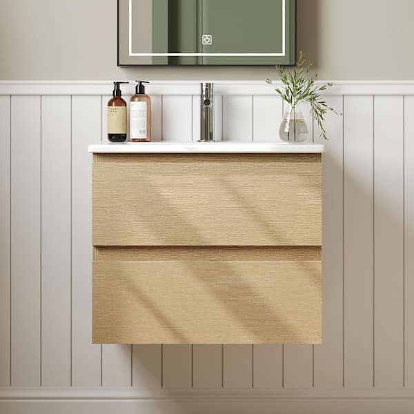 DEERVALLEY 24 in. Single Sink Wall Hung Wood Bath Vanity in Natural Oak with White Ceramic Top (Assembled)