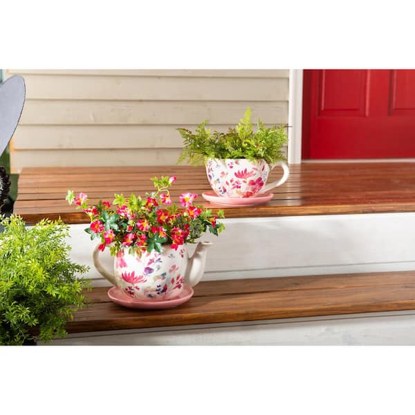 Evergreen Floral Pink Ceramic Tea Cup Indoor/Outdoor Planter with